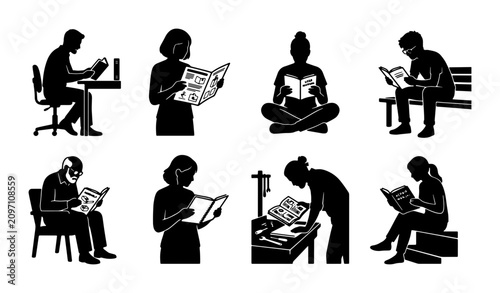 Bild auf Leinwand Diverse Silhouettes Reading Books, Study, Knowledge, Education, Leisure, Informa