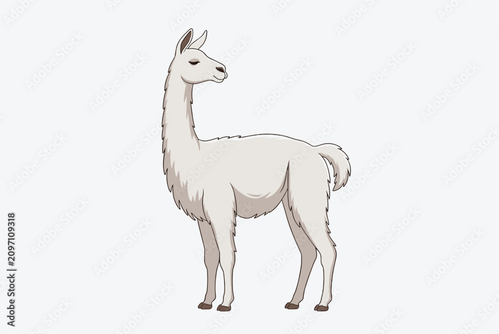 Fototapeta premium Friendly cartoon llama with fluffy white fur standing in profile view on a light grey background for children illustration.