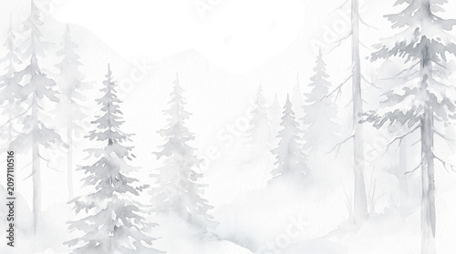 Watercolor Illustration of Misty Coniferous Fir Forest in Light Gray