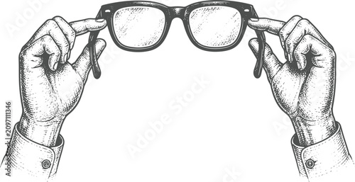Vintage Hands Holding Eyeglasses Engraved Optical Vision Vector Illustration