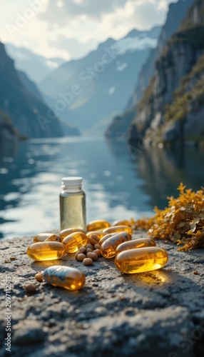 Omega-3 fish oil capsules and liquid supplement bottle on a rocky shore with scenic mountain fjord background