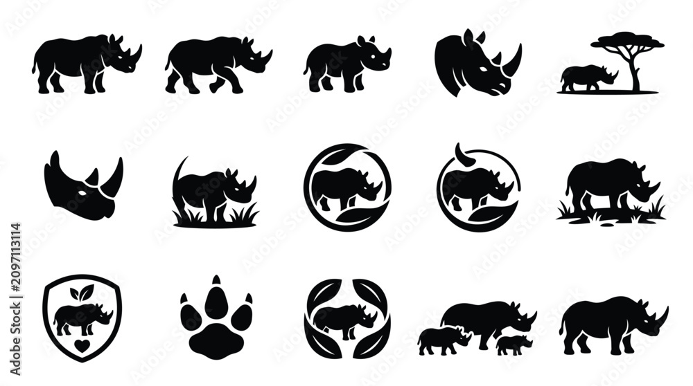 Obraz premium Collection of stylized rhinoceros icons and symbols in various poses and settings, representing wildlife and conservation.
