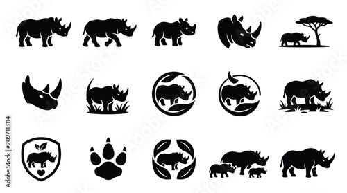Foto Collection of stylized rhinoceros icons and symbols in various poses and settings, representing wildlife and conservation