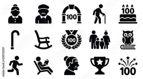 Photos Collection of icons representing age, milestones, and activities associated with seniors and centenarians
