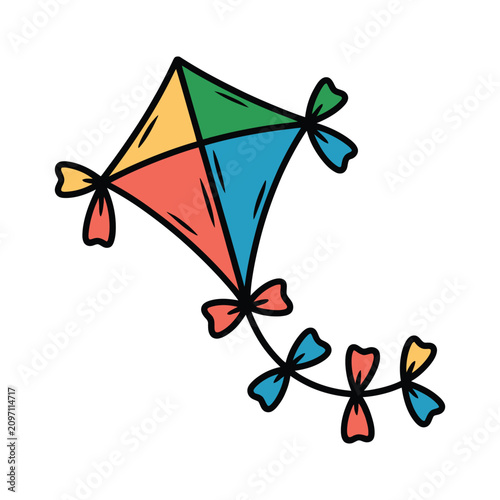 Colorful hand drawn kite illustration with ribbons perfect for children's designs