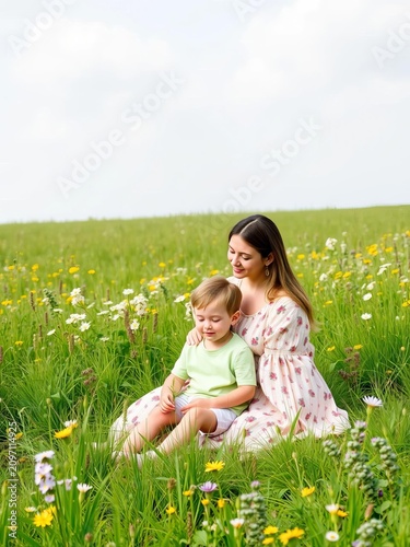 Green meadow landscape with mother, child sitting together, peaceful setting, motherly love