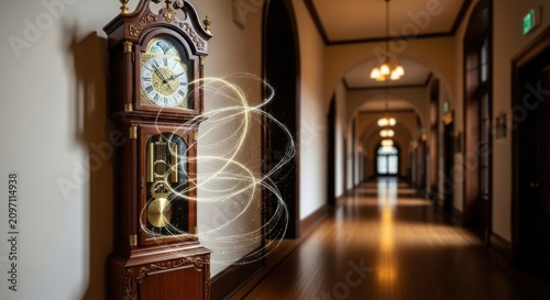Ornate Grandfather Clock in a Long Hallway