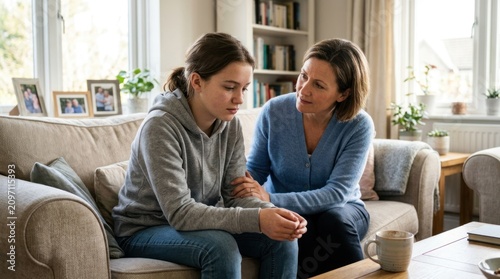 A mother and her teenage daughter are sitting together on a comfortable sofa. The mother is gently comforting her daughter, who appears to be upset.