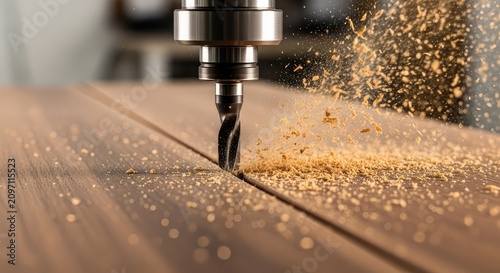 Close up of a computer numerical control milling bit carving dark wood with flying sawdust and wood shavings inside a woodworking workshop, woodshavings, maker, woodcraft