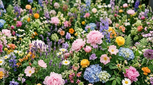 A vibrant flower bed bursts with a profusion of colorful blooms. Roses, peonies, hydrangeas, lavender, daisies, and lupines create a dense, layered tapestry of flowers.