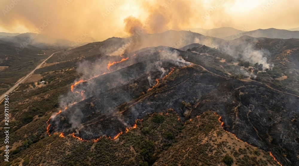 Fototapeta premium A large wildfire rages across a mountainous landscape, consuming dry brush and trees.