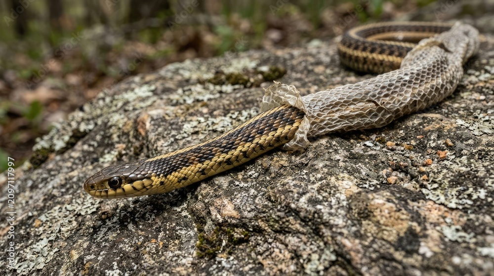 Obraz premium A garter snake coils around a piece of plastic trash on a mossy rock. The snake’s head is raised, and it appears to be observing its surroundings.