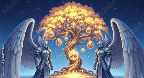 Majestic celestial guardians with massive feathered wings stand watch before a radiant ancient tree of life glowing with golden light and fruit, feathers, cherubim, lore