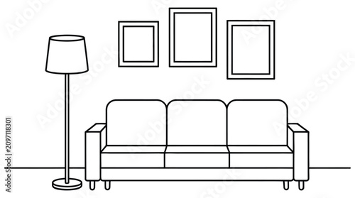 Minimalist living room silhouette sofa floor lamp and wall art linear design
