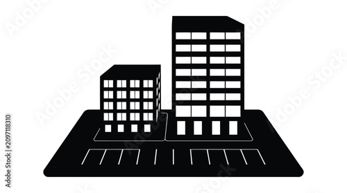 Cityscape silhouette modern buildings with parking area minimalist vector illustration