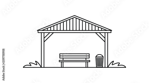 Park gazebo silhouette line art illustration of a bench and trash can