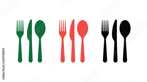 Cutlery silhouette set fork knife and spoon in green red and black