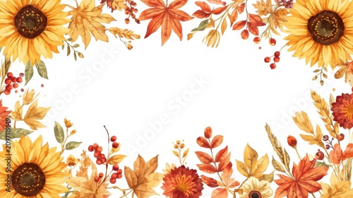 Hand painted watercolor autumn floral frame featuring sunflowers maple leaves berries and wheat on white background with colorful watercolor
