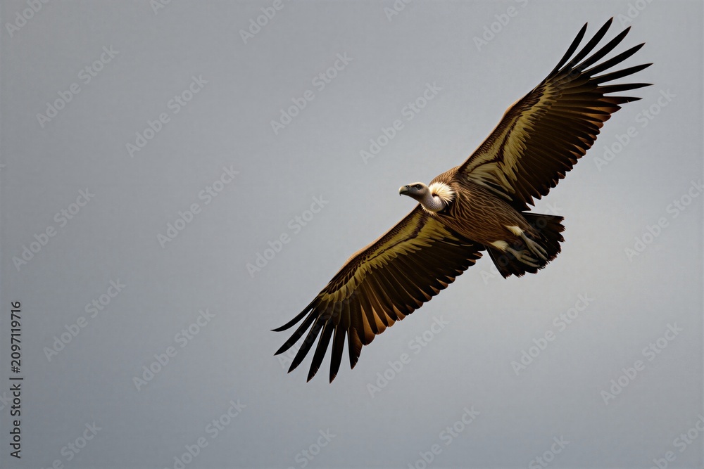 Fototapeta premium Griffon vulture flies with wings spread wide against a muted grey sky. This large bird of prey has a light-colored head and neck. Its feathers are brown and tan with yellow accents.