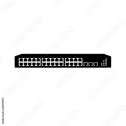 Black network switch icon for data server isolated on white background 