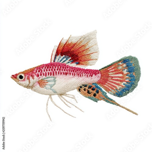 Embroidered Colorful Tropical Guppy Fish Illustration Isolated On White Background