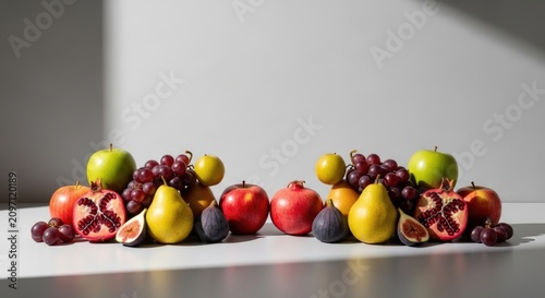 A still life arrangement of various colorful fruits rests on a white table. The fruits include apples, grapes, pomegranates, figs, pears, and plums.