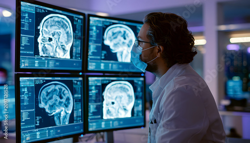 Medical professionals analyze brain scans on computer screens. The doctor wears a face mask in the modern lab. The scientist studies medical imaging data, neurological research, and science.