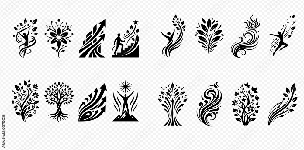 Fototapeta premium Set of abstract vector emblems and symbols in black and white, representing growth, nature, and human potential.