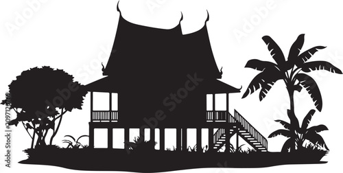 Tableau sur toile Traditional thai house silhouette with palm trees and tropical foliage representing southeast asian architecture and landscape