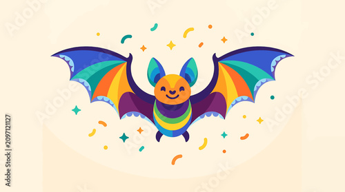 Photos Colorful Bat Flying with Confetti Celebration.