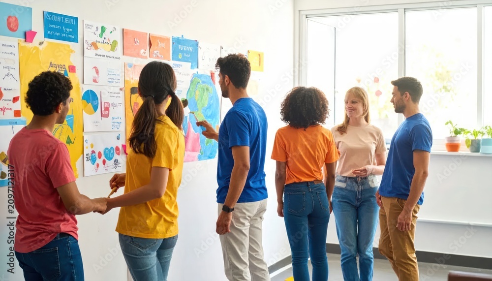 Obraz premium Diverse young professionals collaborating on a project, brainstorming ideas using visual aids on a wall in a modern office setting.