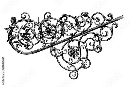 Obraz na płótnie 16th-century Danzig wrought iron staircase railing with floral and mythical figures, old vintage illustration, 1897