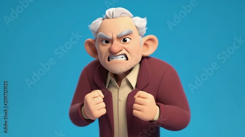 Angry Elderly Man Clenching Fists with Frustrated Expression in Stylized 3D Character Animation
