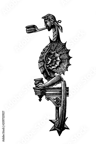 Fotografie 15th-century Italian wall torch holder with dragon figurehead holding a projecting arm, old vintage illustration, 1897