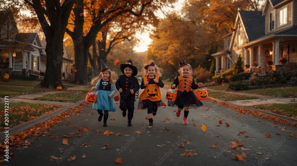 Obraz premium Happy children running in halloween costumes collecting treats with collecting candy