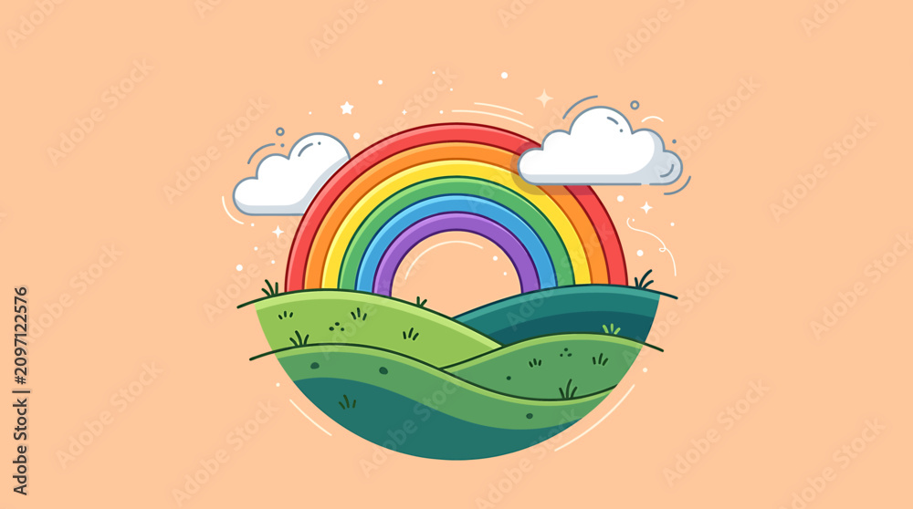 Obraz premium Colorful Rainbow Over Green Hills Landscape 1.