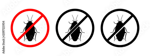 Cuadro en lienzo Three distinct prohibition symbols featuring a silhouette of a cockroach, indicating pest control warnings and exclusion zones