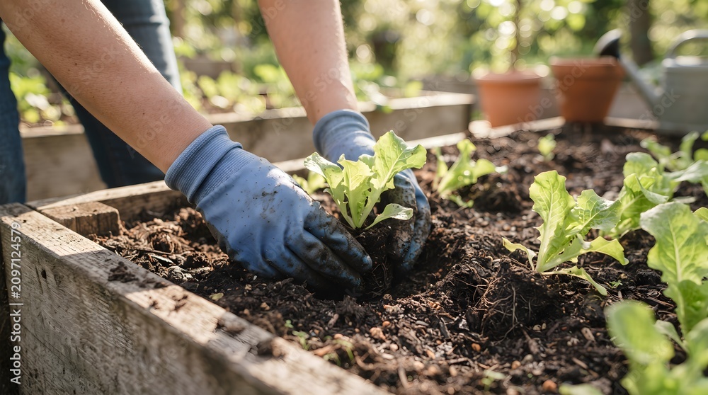 Fototapeta premium Close Up of Hands in Blue Gloves Planting Green Lettuce Seedling in Rich Garden Soil