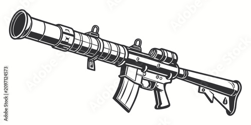 Foto Military tactical missile launcher, side view, black silhouette on white backgro