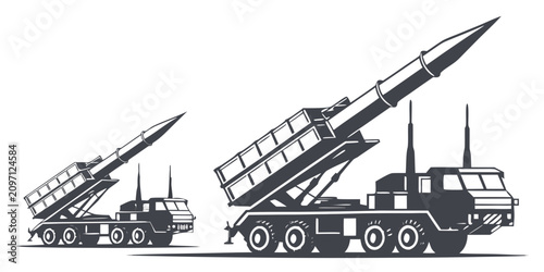 Canvas Print Multiple rocket launcher system on military trucks, side view, white background
