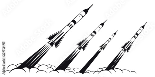 Tableau sur toile Multiple rocket launch sequence in black and white, dynamic diagonal composition