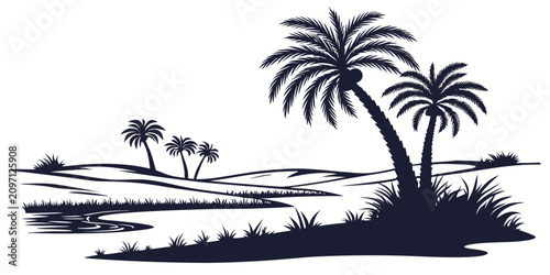 Obraz na plátně Silhouette of a desert oasis with palm trees against a white background, silhoue
