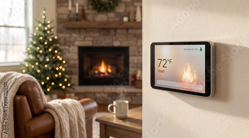 Smart thermostat maintains cozy winter home, hearth, and Christmas tree ambiance.