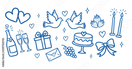 Bild auf Leinwand Line art illustration featuring hearts doves strawberries and celebratory object