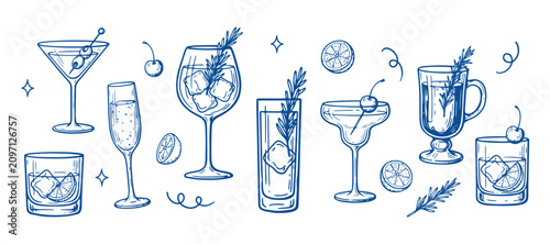 Bild auf Leinwand Cocktail glassware and garnishes hand drawn blue line illustration on a plain su