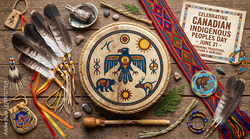 Canadian Indigenous Peoples Day celebration with traditional drum, feathers, beadwork, and natural elements.