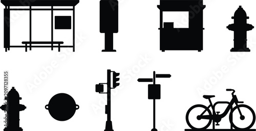 Set of black city street furniture and urban infrastructure icons featuring bus stop, traffic light, hydrant, and bicycle.