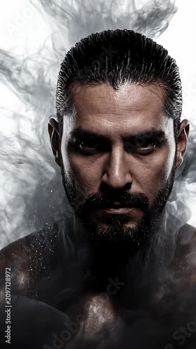 Dramatic man face emerging from dark smoke.