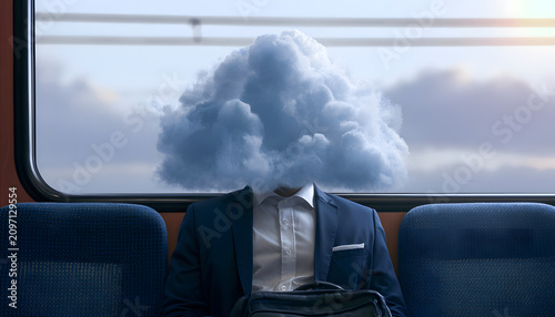 A man in a suit with a cloud above his head sits on a train seat. The surreal scene depicts a person with their head in the air, lost in thought or daydreaming. This could represent commuting or a met