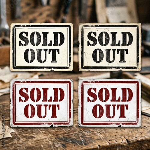 Sold out signs on a wooden table with a workshop background